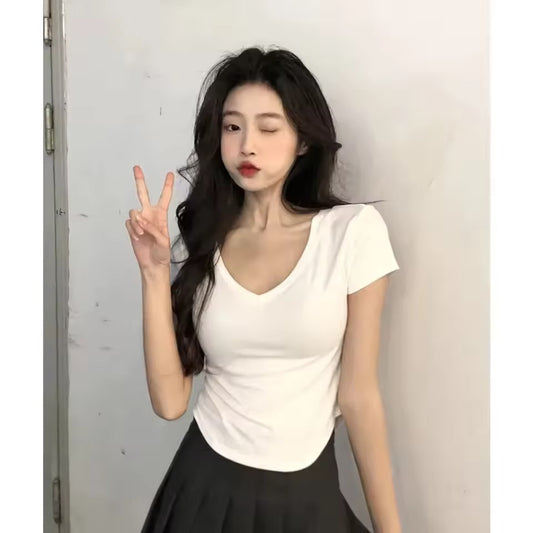 Sexy V-neck Short Sleeve T-shirts for Women Summer New Tees Top Black White Basic Tshirt Y2K Korean Style Women's Clothes 2024