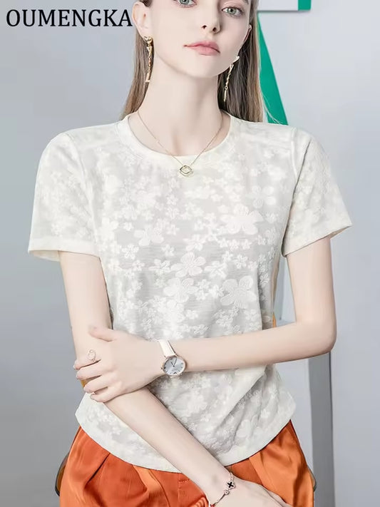 OUMENGKA Lace Hollow Out Crew T Shirts Solid Elegant Casual Flower Embroidery Short Sleeve Tops Women Korea Summer Tees Basic